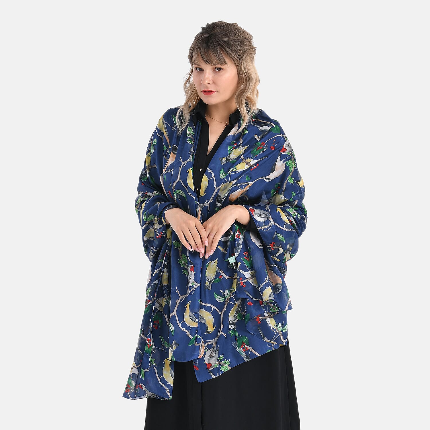 LA MAREY 100% Mulberry Silk Bird Print Scarf (Size 110x198cm) - Blue