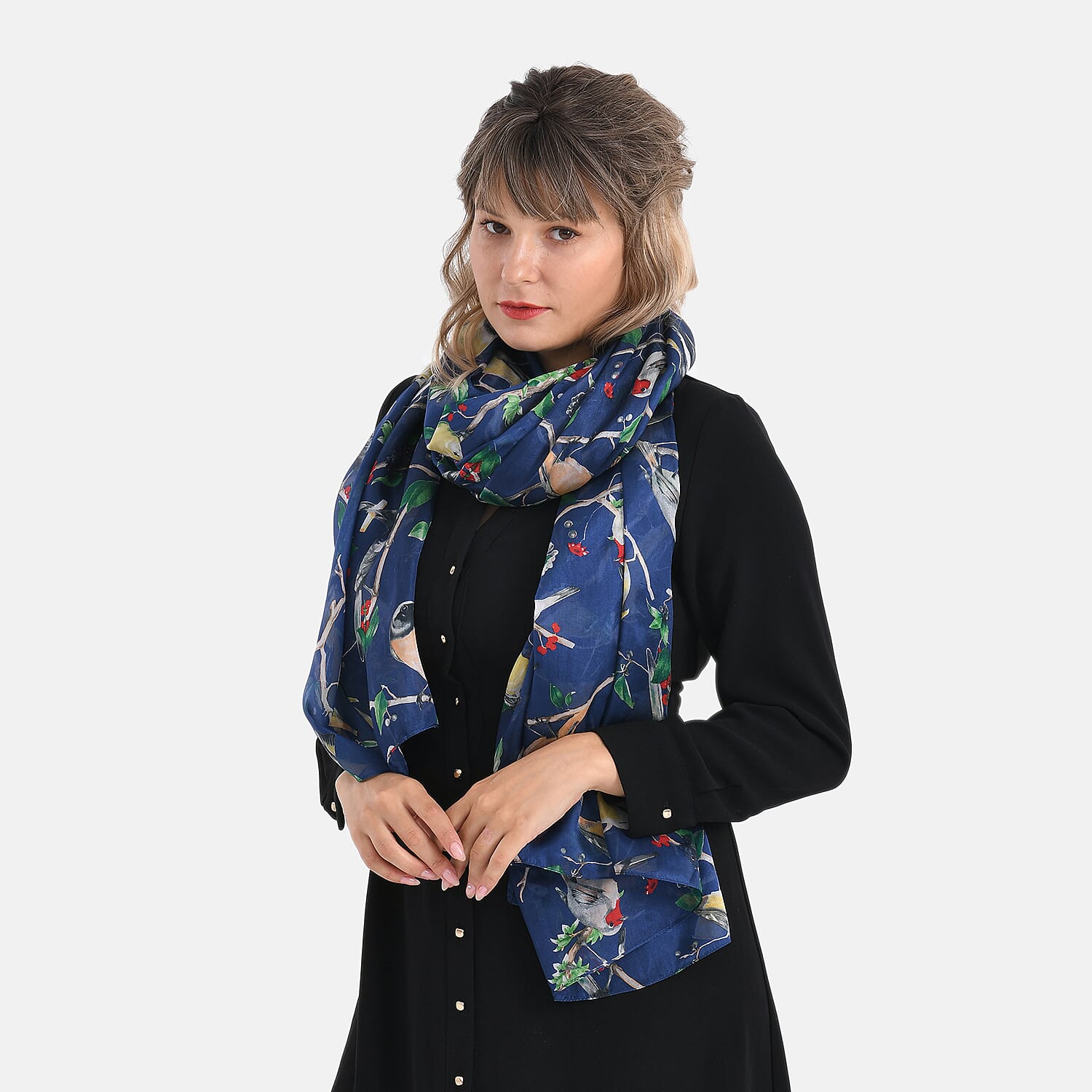 LA MAREY 100% Mulberry Silk Bird Print Scarf (Size 110x198cm) - Blue