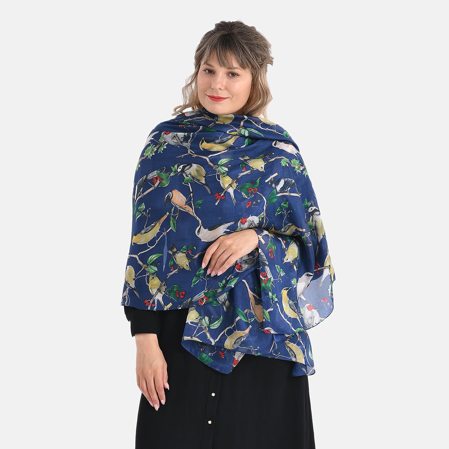LA MAREY 100% Mulberry Silk Bird Print Scarf (Size 110x198cm) - Blue