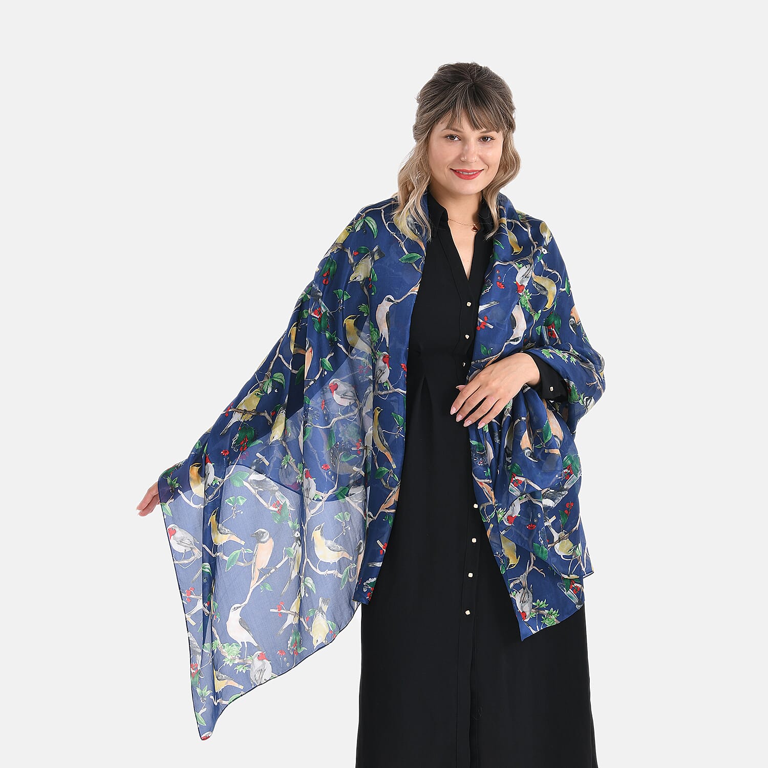 LA MAREY 100% Mulberry Silk Bird Print Scarf (Size 110x198cm) - Blue