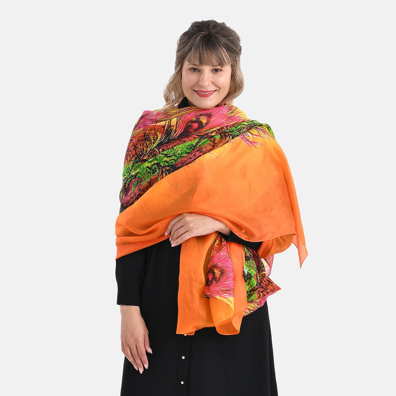 La Marey 100% Mulberry Silk Printed Scarf (Size 110x198cm) - Orange & Pink