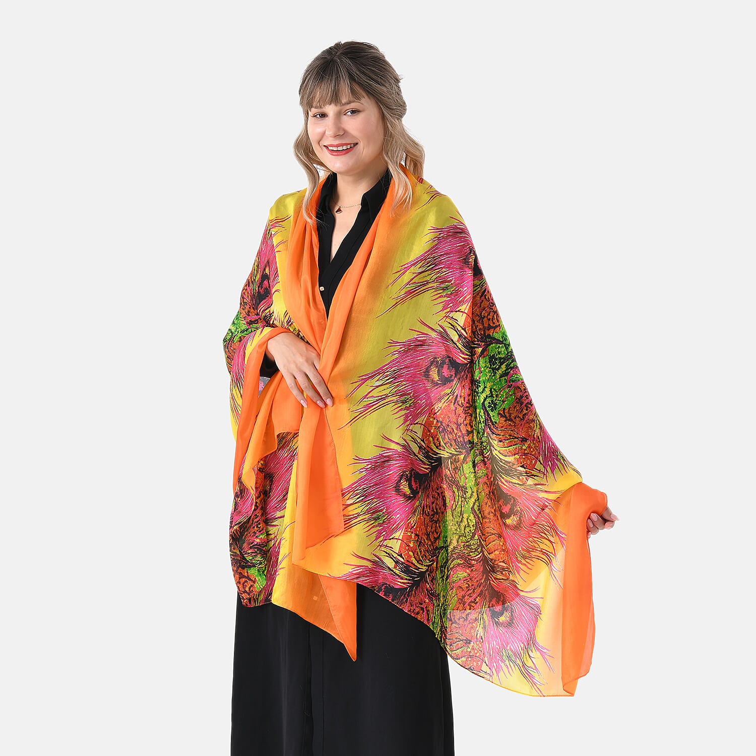 La Marey 100% Mulberry Silk Printed Scarf (Size 110x198cm) - Orange & Pink