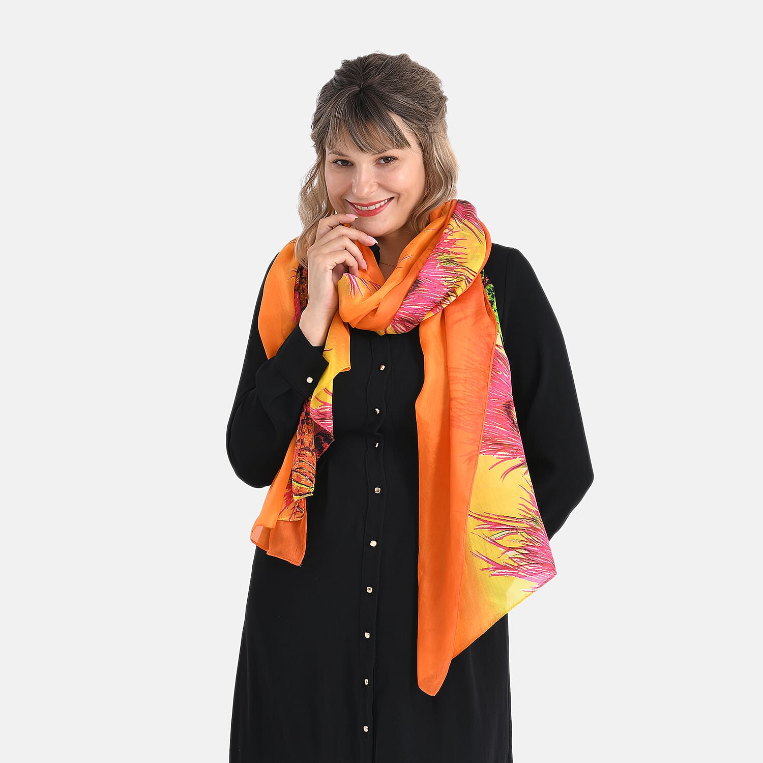 La Marey 100% Mulberry Silk Printed Scarf (Size 110x198cm) - Orange & Pink