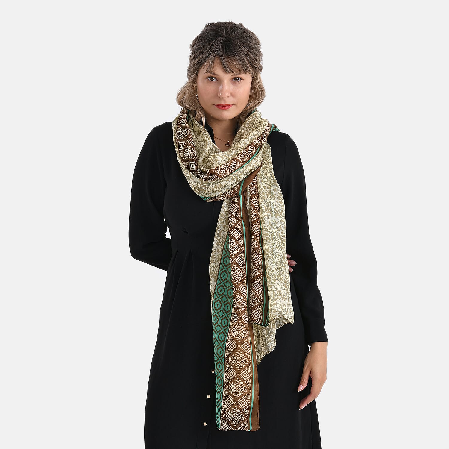 La Marey 100% Mulberry Silk Printed Scarf (Size 110x198cm) - Green & Brown