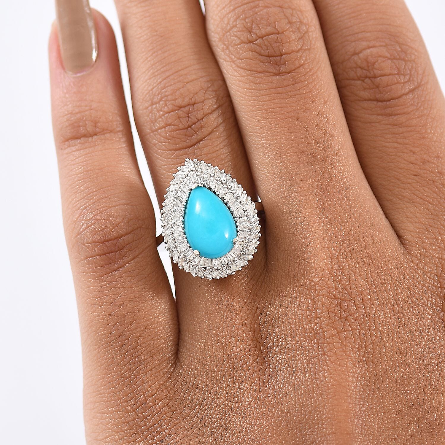 D’joy Sleeping Beauty Turquoise, White Diamond Main Stone With Side Stone Ring in Rhodium OverlaySterling Silver  3.092  Ct.