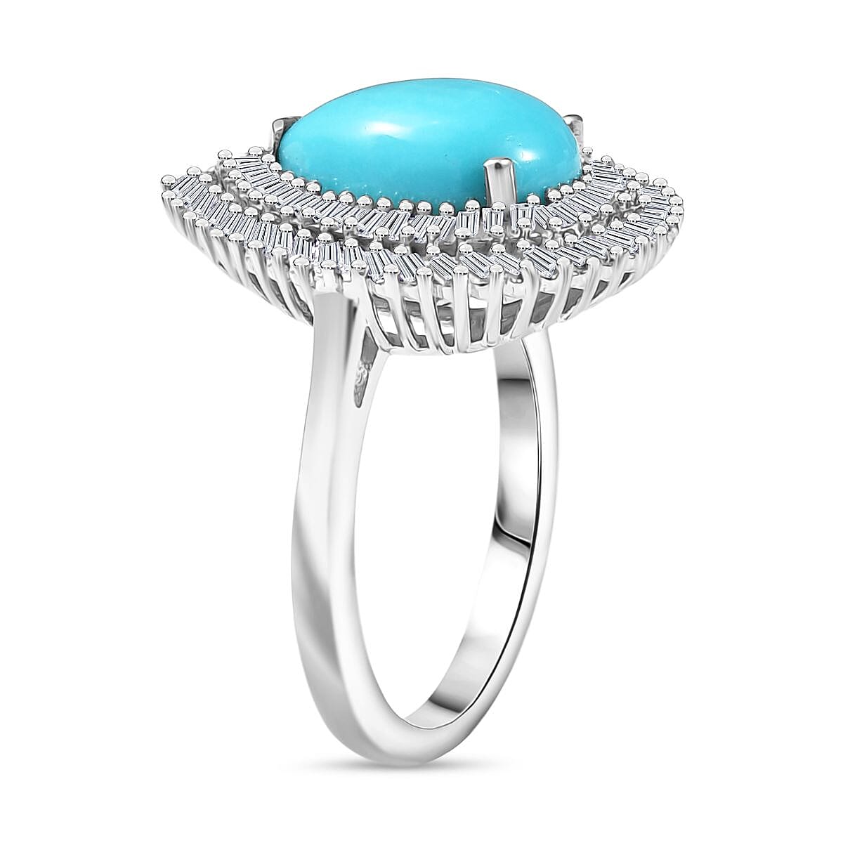 D’joy Sleeping Beauty Turquoise, White Diamond Main Stone With Side Stone Ring in Rhodium OverlaySterling Silver  3.092  Ct.