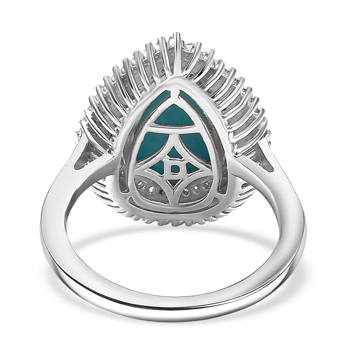 D’joy Sleeping Beauty Turquoise, White Diamond Main Stone With Side Stone Ring in Rhodium OverlaySterling Silver  3.092  Ct.
