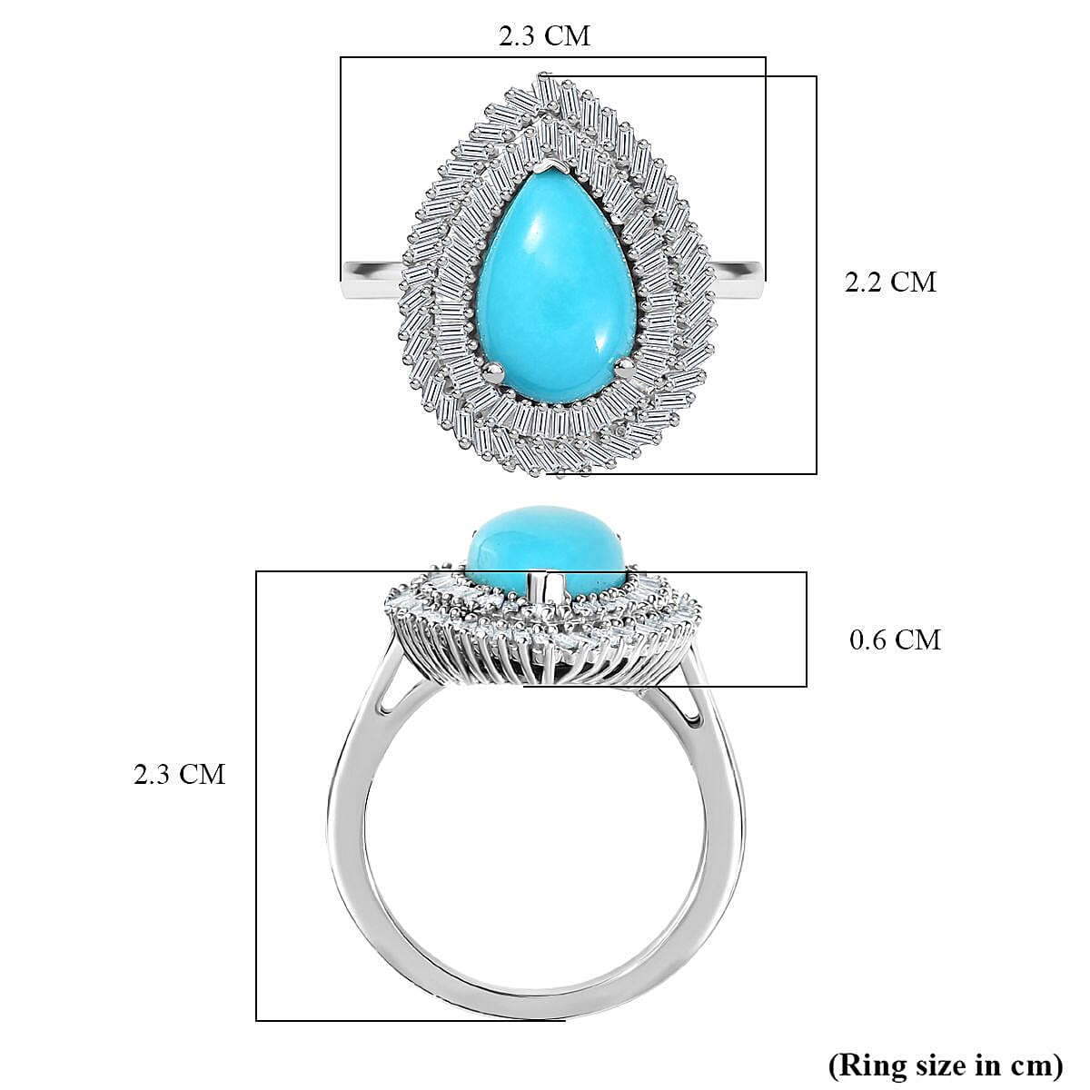 D’joy Sleeping Beauty Turquoise, White Diamond Main Stone With Side Stone Ring in Rhodium OverlaySterling Silver  3.092  Ct.