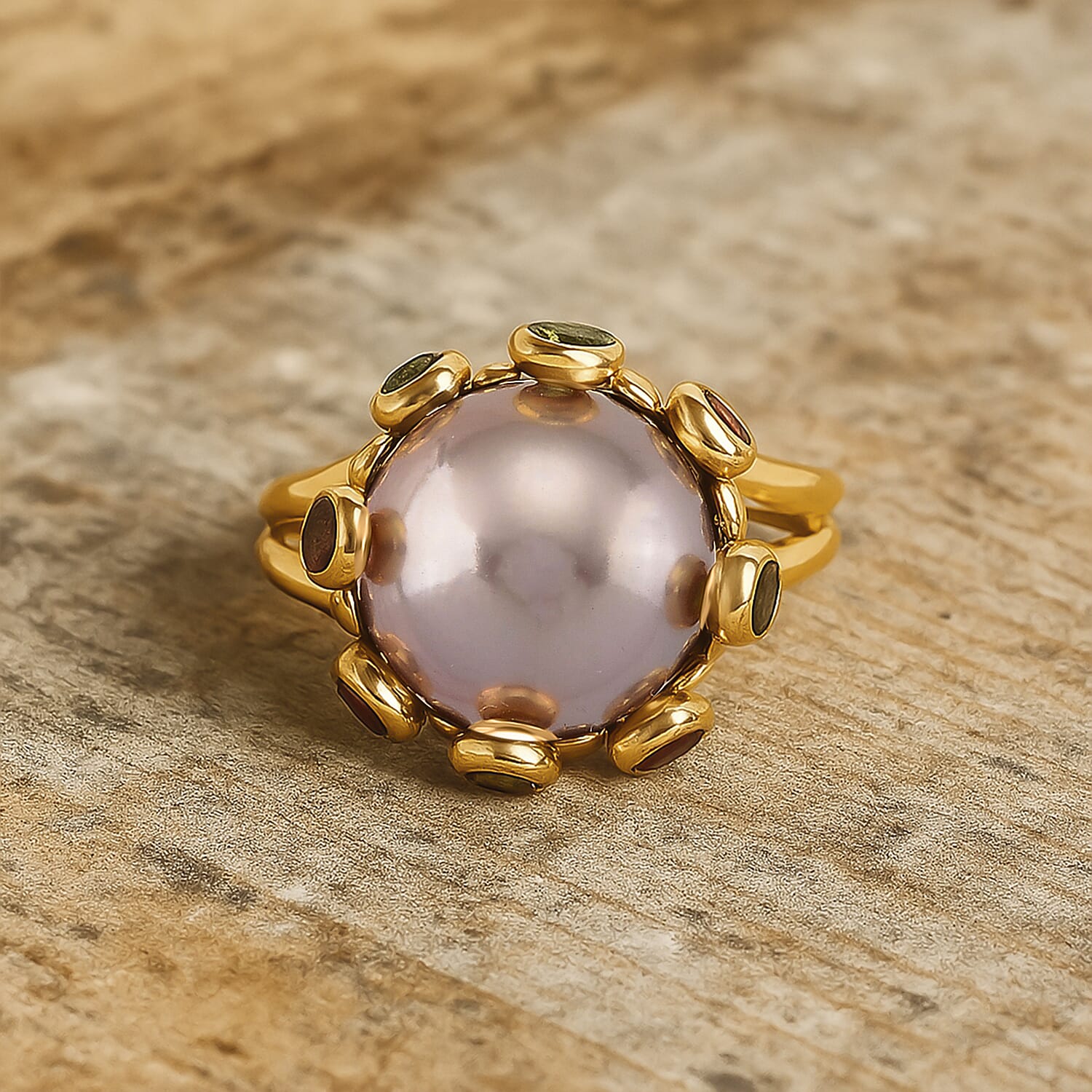 GP Multi Color Edison Pearl, Kanchanaburi Blue Sapphire & Multi-Tourmaline Ring in Yellow Gold Plated Sterling Silver 9.77 Ct, Silver Wt. 5.50 Gms.