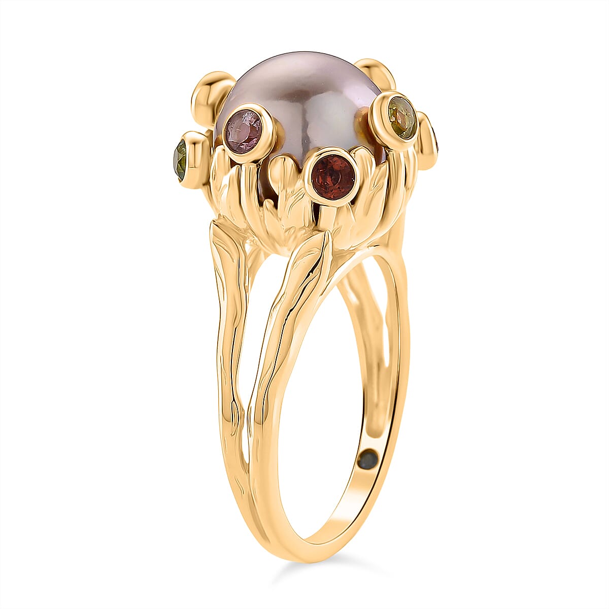 GP Multi Color Edison Pearl, Kanchanaburi Blue Sapphire & Multi-Tourmaline Ring in Yellow Gold Plated Sterling Silver 9.77 Ct, Silver Wt. 5.50 Gms.