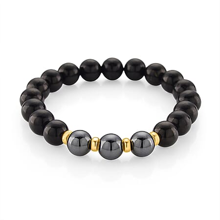 D'joy Natural Shungite & Hematite Bracelet (Size 7.5 Strechable) in Yellow Gold Plating Sterling Silver 140.00 Ct.