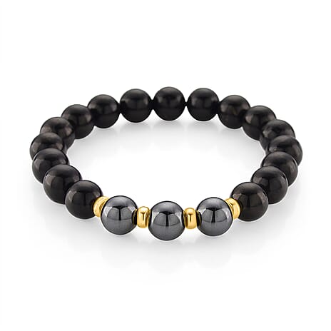 D'joy Natural Shungite & Hematite Bracelet (Size 7.5 Strechable) in Yellow Gold Plating Sterling Silver 140.00 Ct.