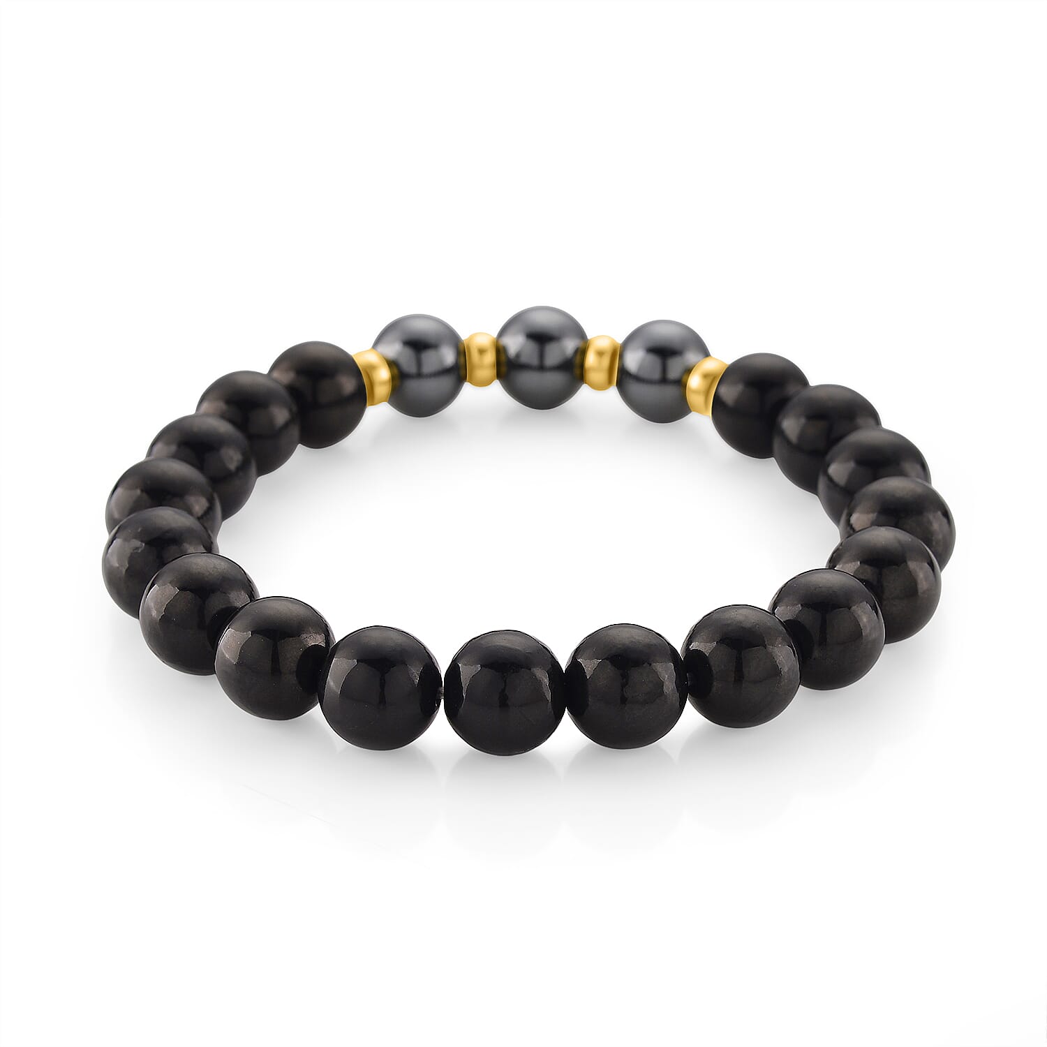 D'joy Natural Shungite & Hematite Bracelet (Size 7.5 Strechable) in Yellow Gold Plating Sterling Silver 140.00 Ct.