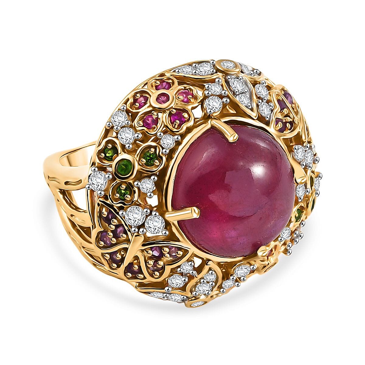 GP Italian Garden Collection - African Ruby & Multi Gemstones Cluster Ring in 18K Vermeil Yellow Gold Plated Sterling Silver 15.87 Ct, Silver Wt. 10.04 Gms.