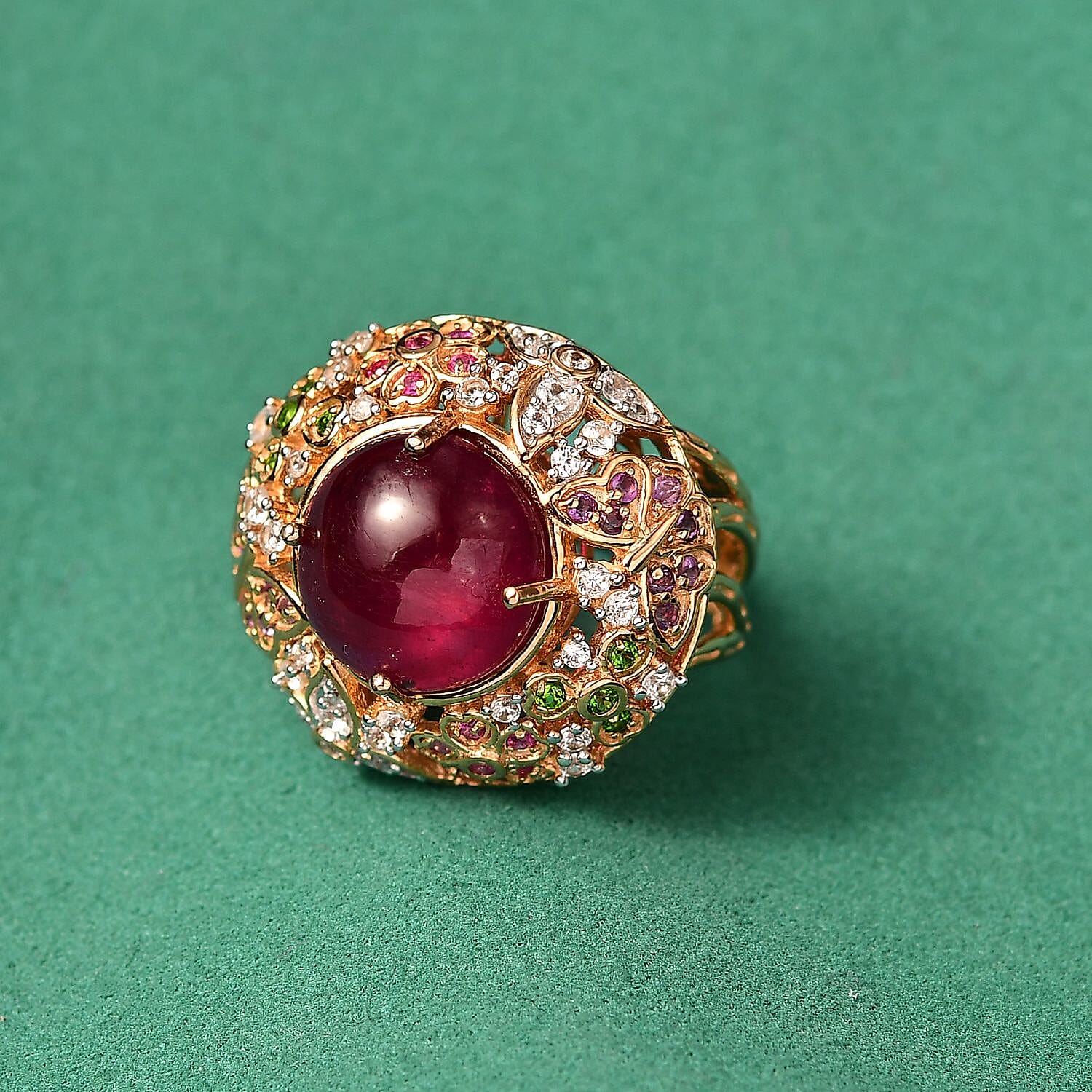 GP Italian Garden Collection - African Ruby & Multi Gemstones Cluster Ring in 18K Vermeil Yellow Gold Plated Sterling Silver 15.87 Ct, Silver Wt. 10.04 Gms.