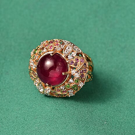 GP Italian Garden Collection - African Ruby & Multi Gemstones Cluster Ring in 18K Vermeil Yellow Gold Plated Sterling Silver 15.87 Ct, Silver Wt. 10.04 Gms.