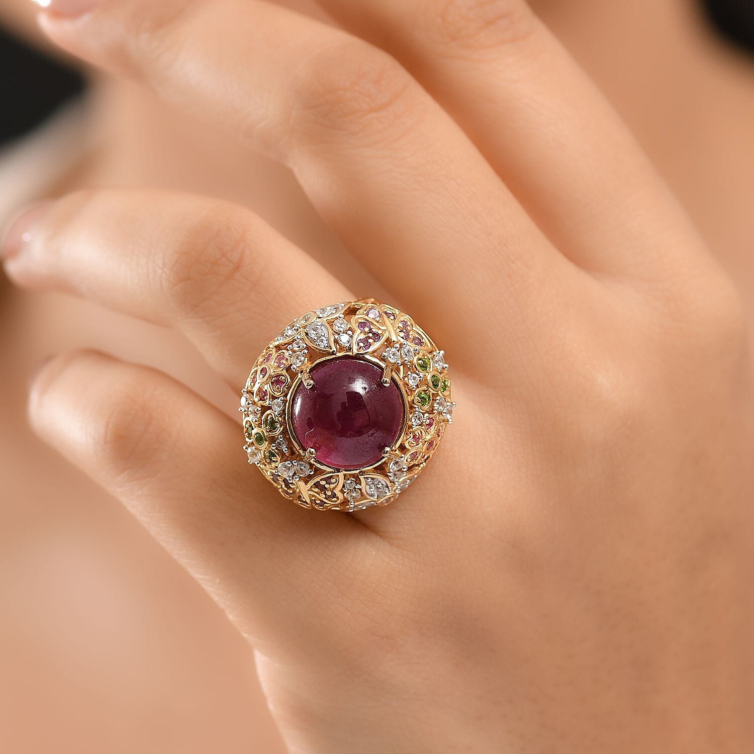 GP Italian Garden Collection - African Ruby & Multi Gemstones Cluster Ring in 18K Vermeil Yellow Gold Plated Sterling Silver 15.87 Ct, Silver Wt. 10.04 Gms.