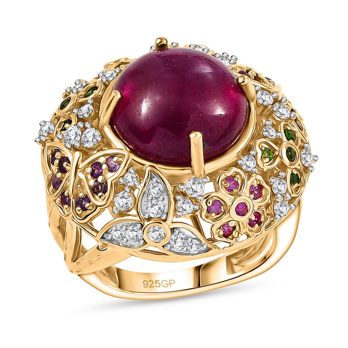 GP Italian Garden Collection - African Ruby & Multi Gemstones Cluster Ring in 18K Vermeil Yellow Gold Plated Sterling Silver 15.87 Ct, Silver Wt. 10.04 Gms.