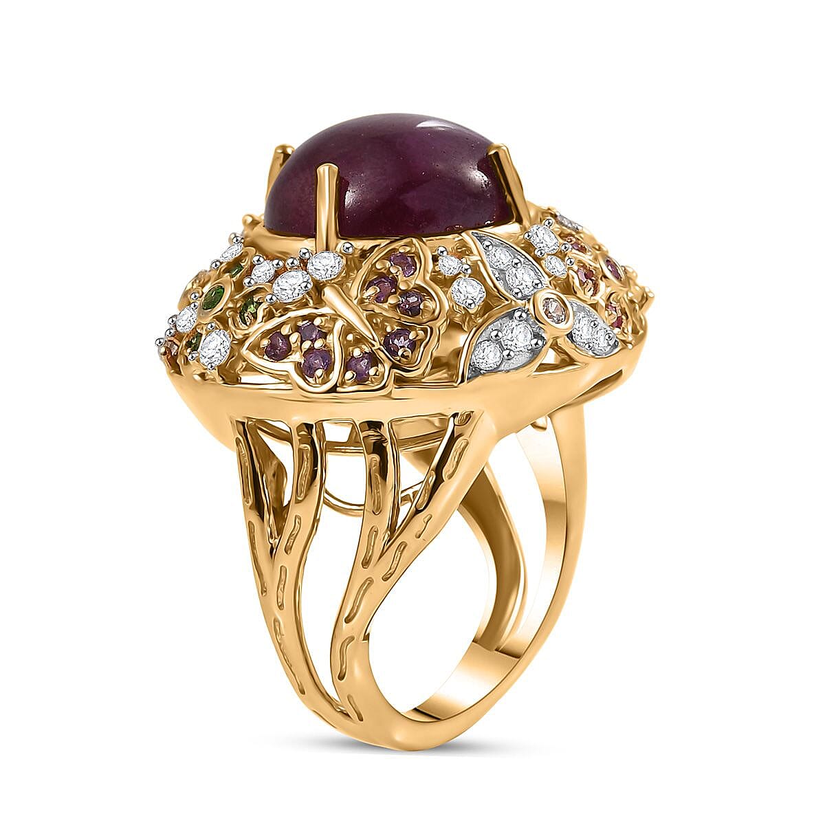 GP Italian Garden Collection - African Ruby & Multi Gemstones Cluster Ring in 18K Vermeil Yellow Gold Plated Sterling Silver 15.87 Ct, Silver Wt. 10.04 Gms.