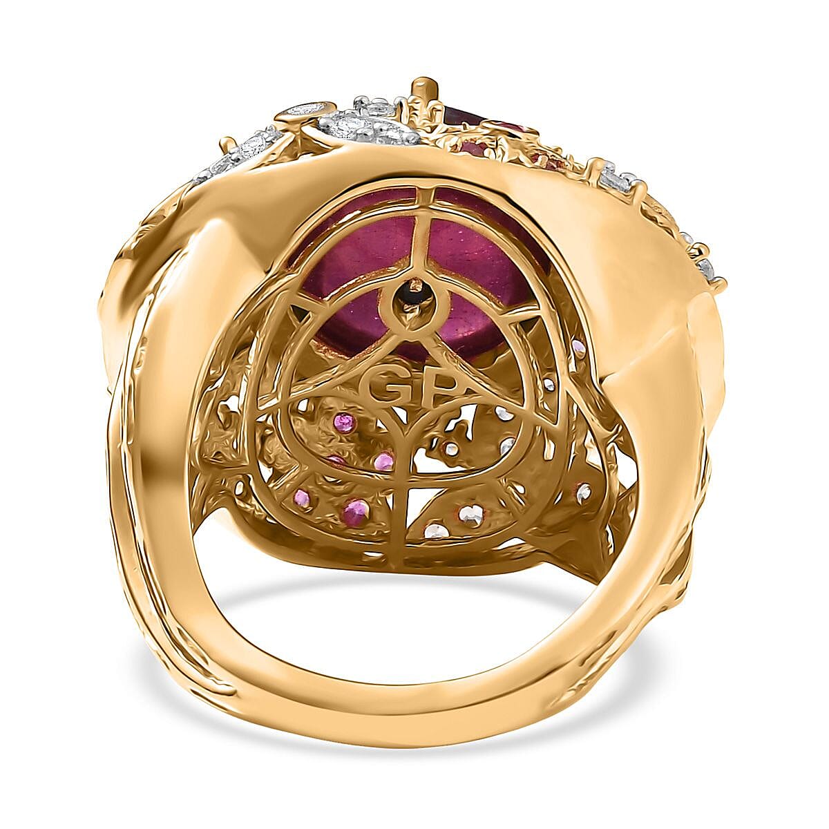 GP Italian Garden Collection - African Ruby & Multi Gemstones Cluster Ring in 18K Vermeil Yellow Gold Plated Sterling Silver 15.87 Ct, Silver Wt. 10.04 Gms.