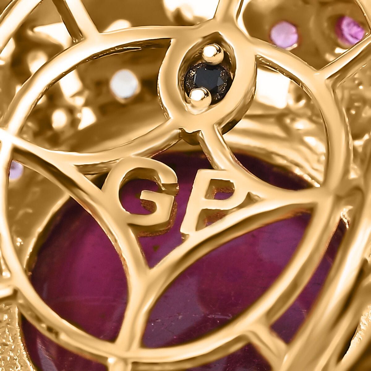 GP Italian Garden Collection - African Ruby & Multi Gemstones Cluster Ring in 18K Vermeil Yellow Gold Plated Sterling Silver 15.87 Ct, Silver Wt. 10.04 Gms.