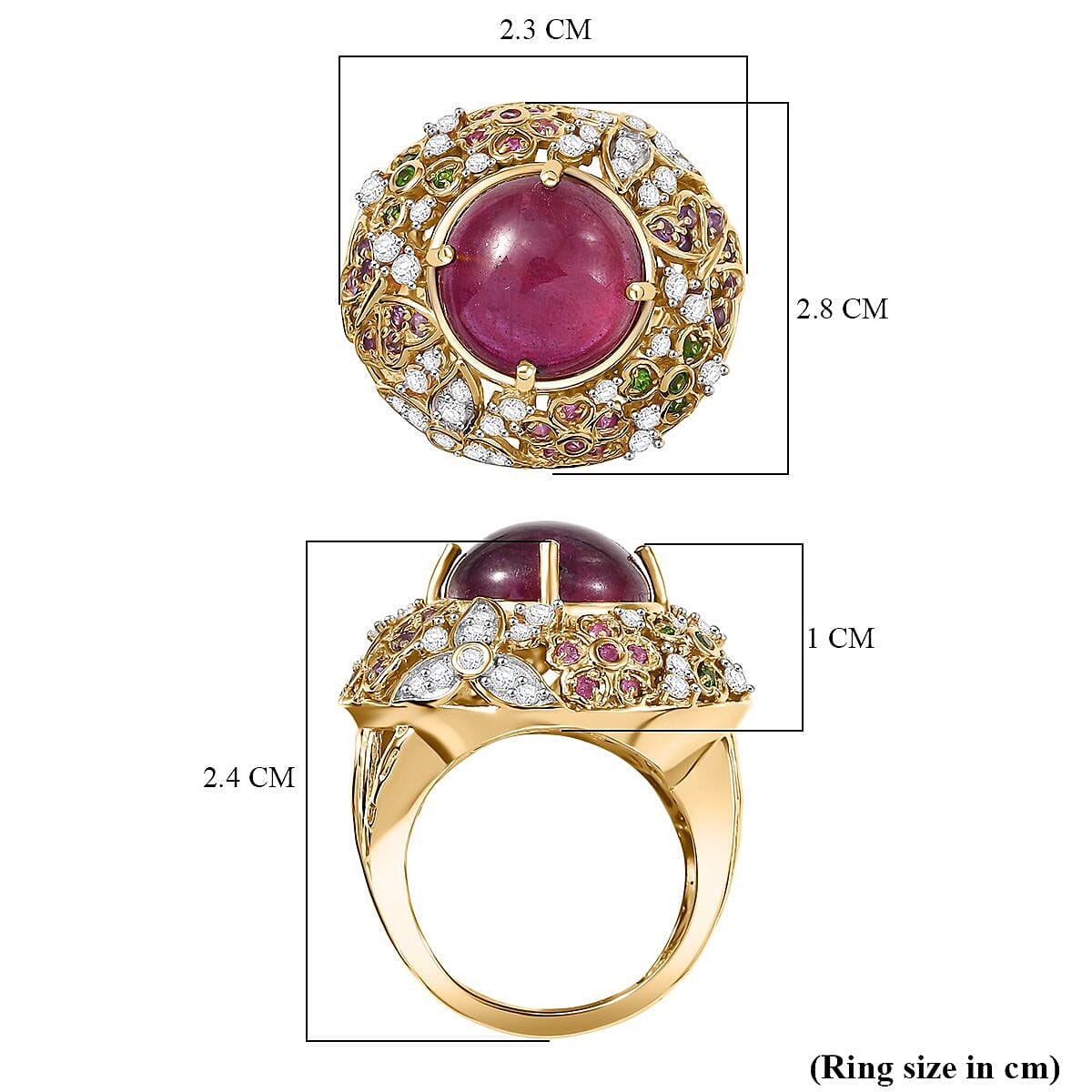 GP Italian Garden Collection - African Ruby & Multi Gemstones Cluster Ring in 18K Vermeil Yellow Gold Plated Sterling Silver 15.87 Ct, Silver Wt. 10.04 Gms.