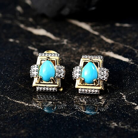 D'joy Sleeping Beauty Turquoise Solitaire Stud Push Post Earring in Yellow Gold Plating Sterling Silver 1.29 Ct.