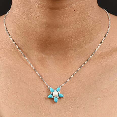 D'joy Sleeping Beauty Turquoise, Fresh Water Pearl & White Zircon Cluster Necklace (Size - 20) with Lobster Clasp in Platinum Overlay Sterling Silver 3.49 Ct.