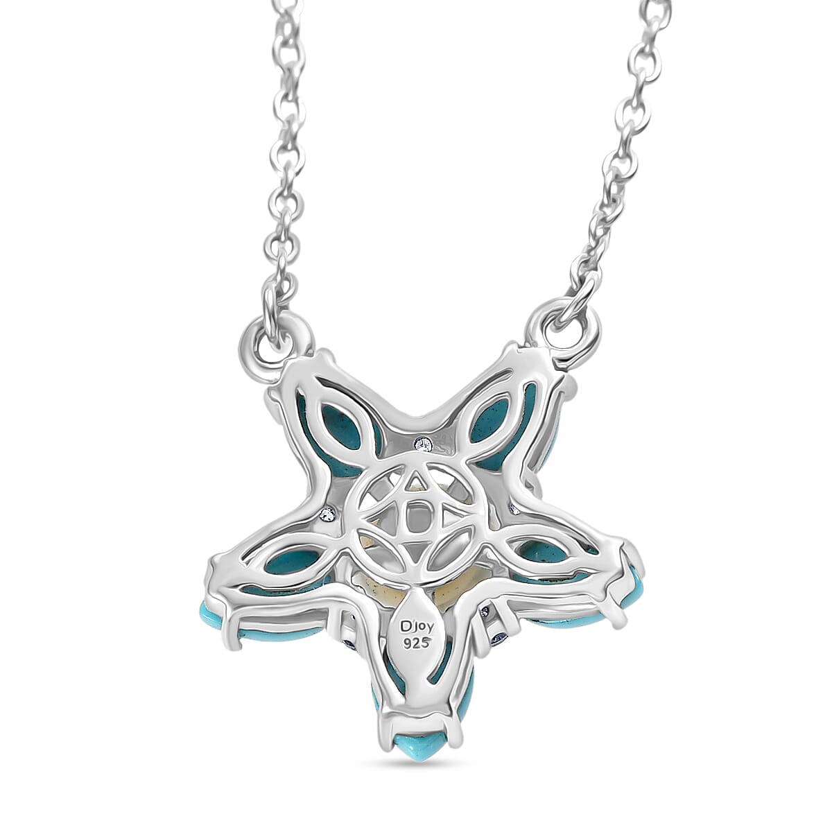 D'joy Sleeping Beauty Turquoise, Fresh Water Pearl & White Zircon Cluster Necklace (Size - 20) with Lobster Clasp in Platinum Overlay Sterling Silver 3.49 Ct.