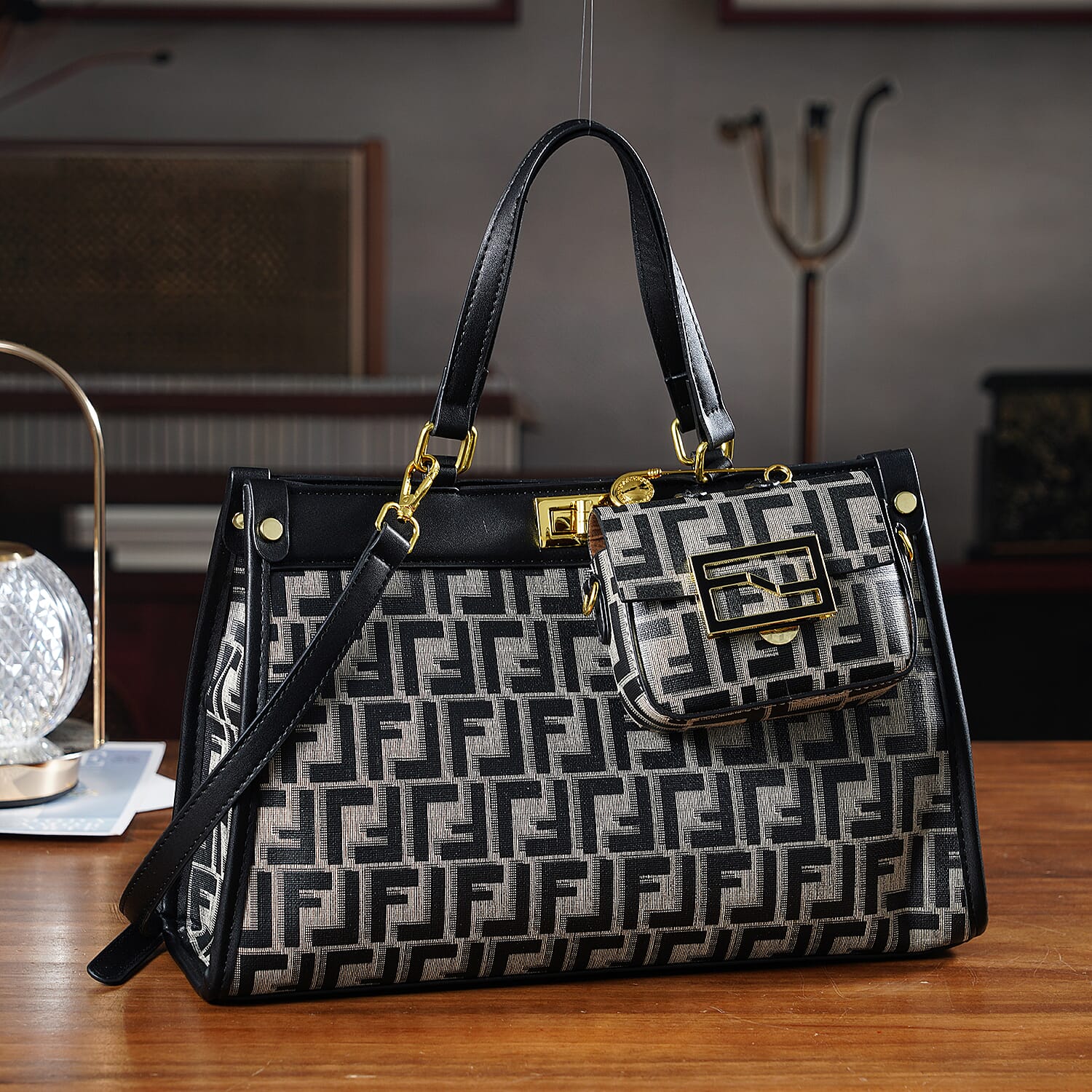 Set of 2 Monogram Tote Bag with Small Matching Bag - Black & Off-White