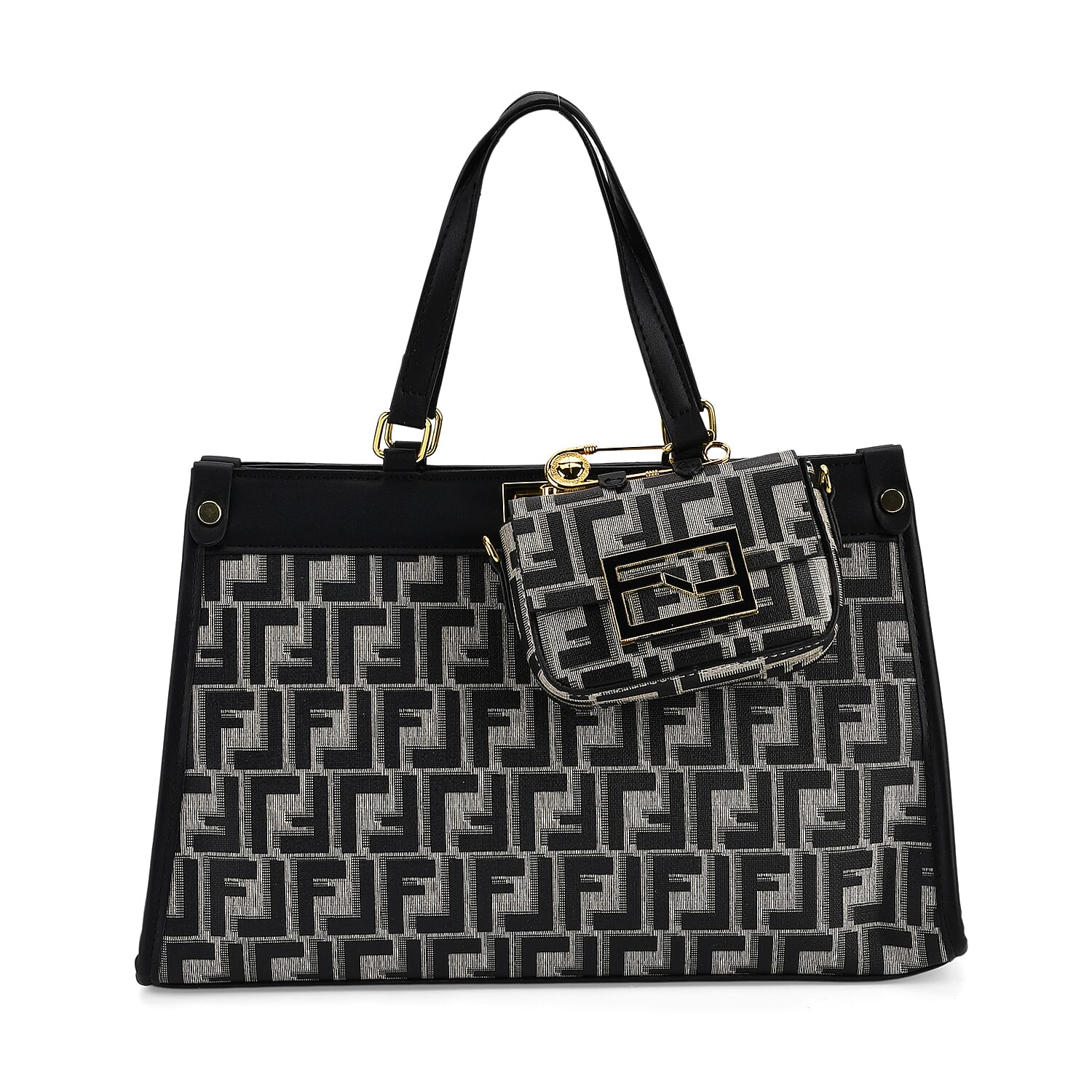 Set of 2 Monogram Tote Bag with Small Matching Bag - Black & Off-White