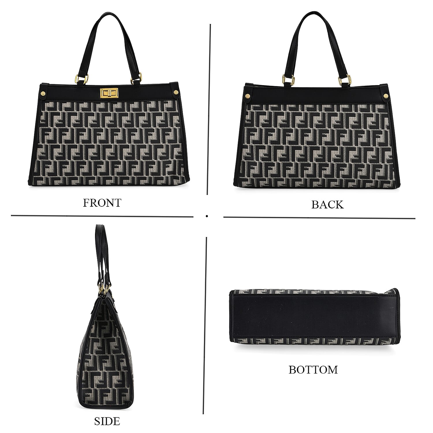 Set of 2 Monogram Tote Bag with Small Matching Bag - Black & Off-White