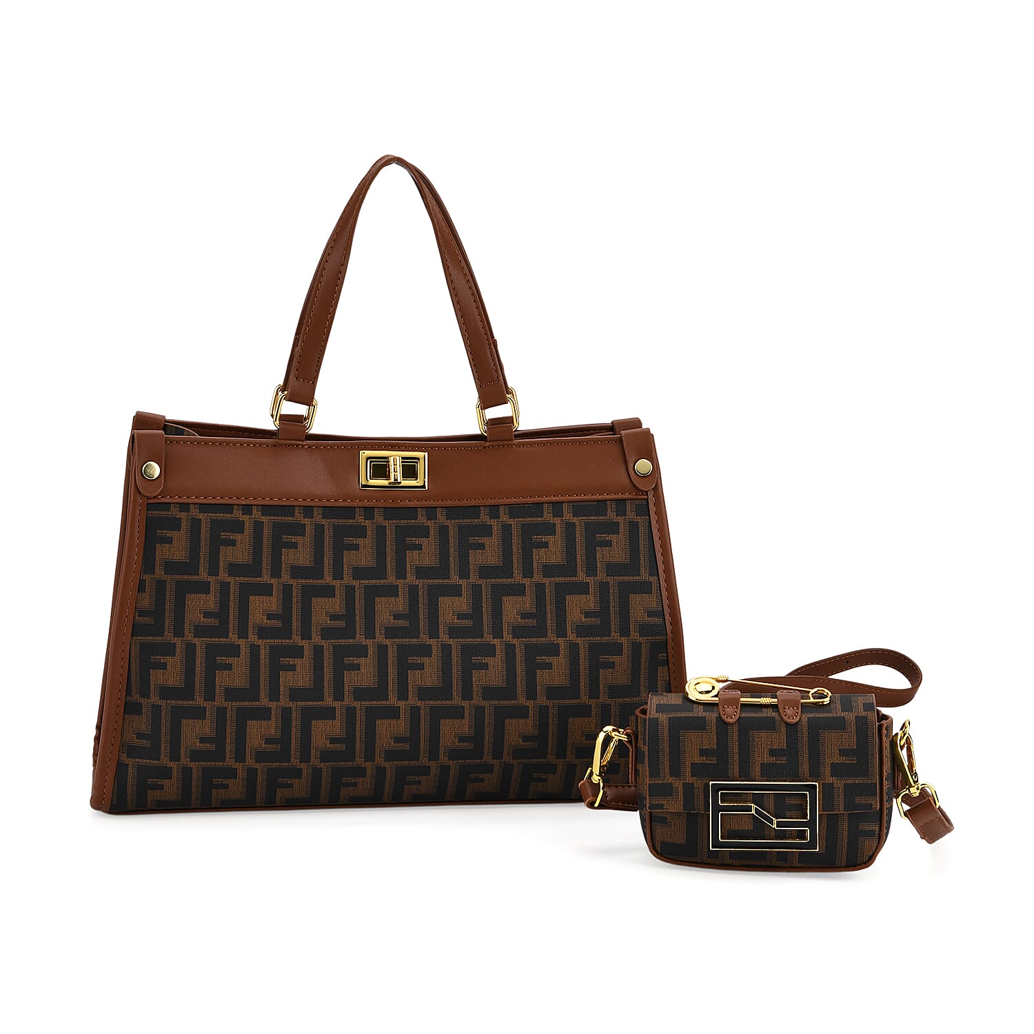 Set of 2 Monogram Tote Bag with Small Matching Bag - Tan & Black