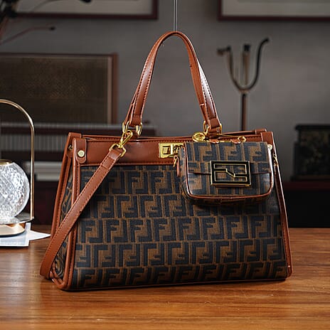 Set of 2 Monogram Tote Bag with Small Matching Bag - Tan & Black