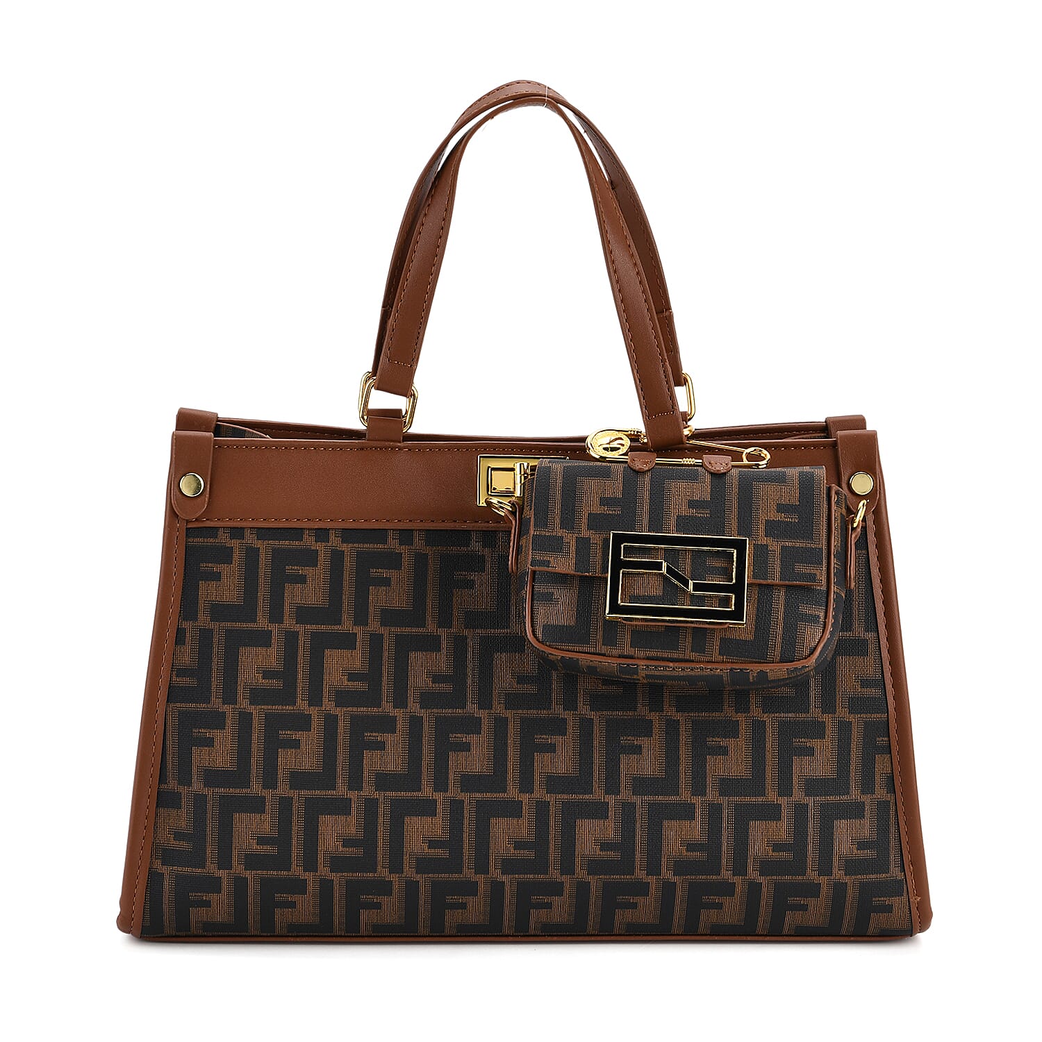 Set of 2 Monogram Tote Bag with Small Matching Bag - Tan & Black