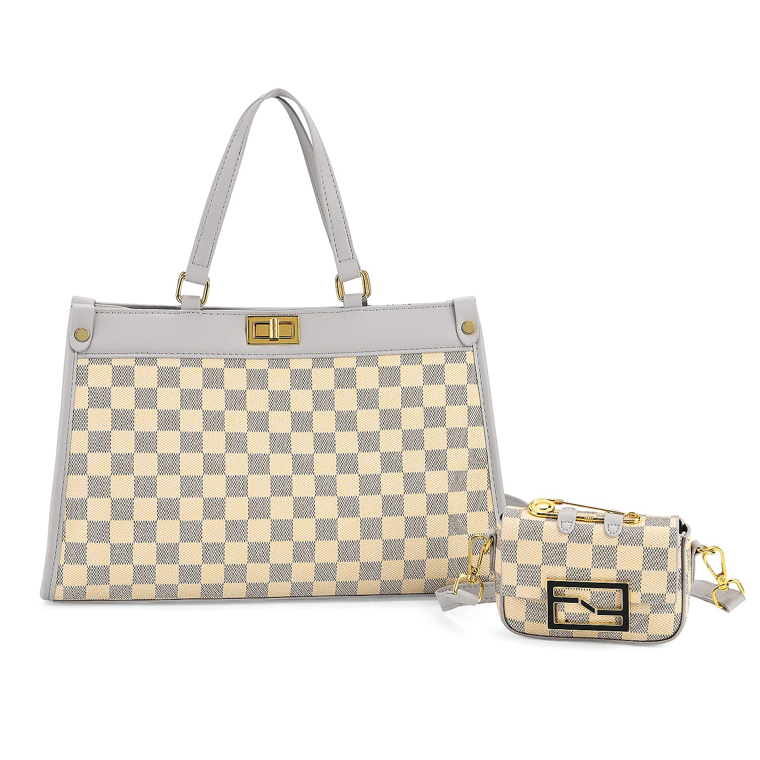 Set of 2 Monogram Tote Bag with Small Matching Bag - Grey & Yellow
