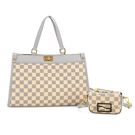 Set of 2 Monogram Tote Bag with Small Matching Bag - Grey & Yellow