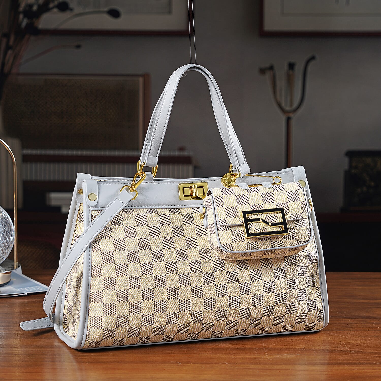 Set of 2 Monogram Tote Bag with Small Matching Bag - Grey & Yellow