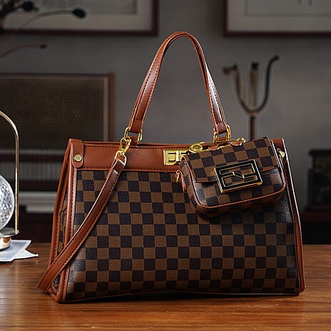 Set of 2 Monogram Tote Bag with Small Matching Bag - Brown