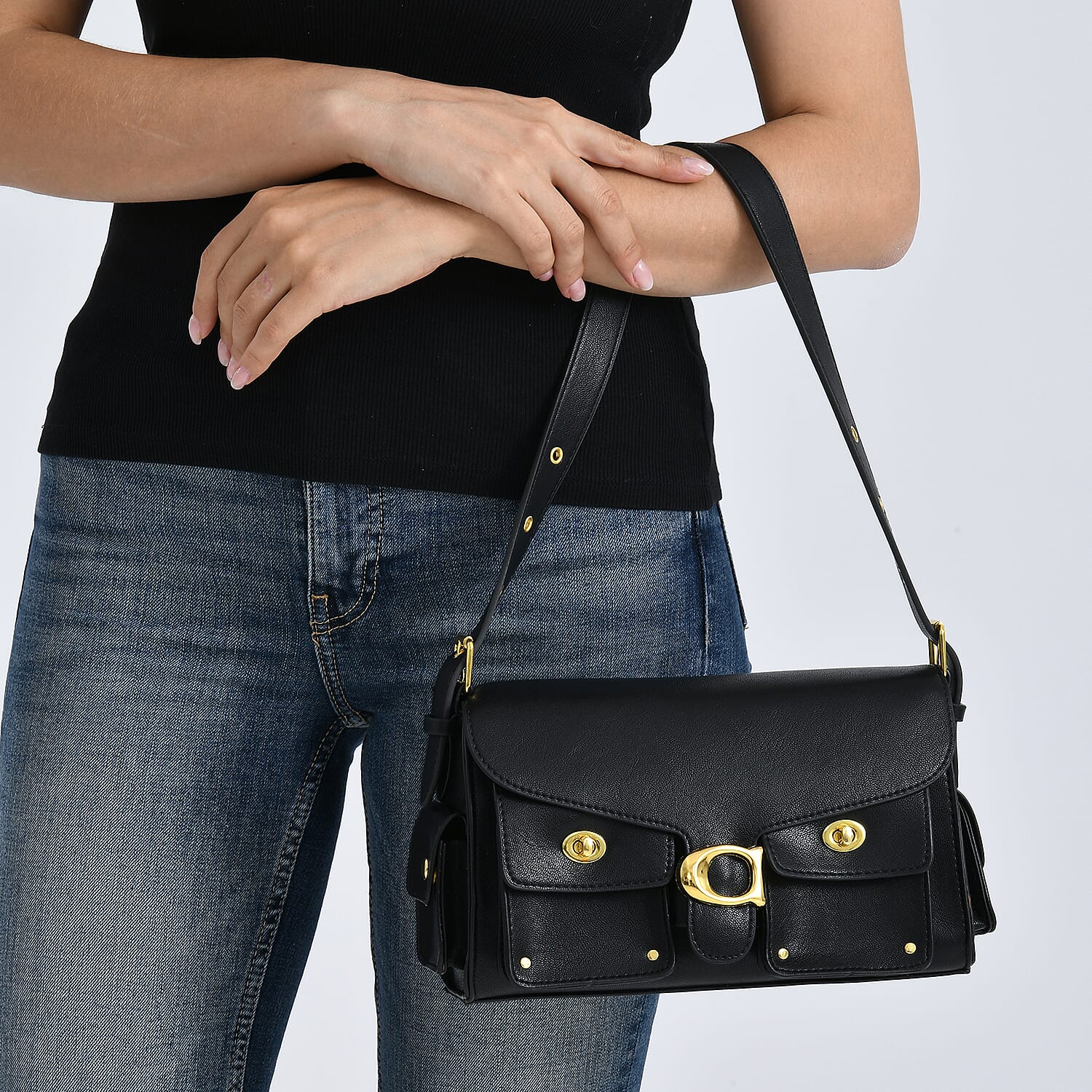 PU Patterned Shoulder Bag (Size 26x9x16 cm) - Black