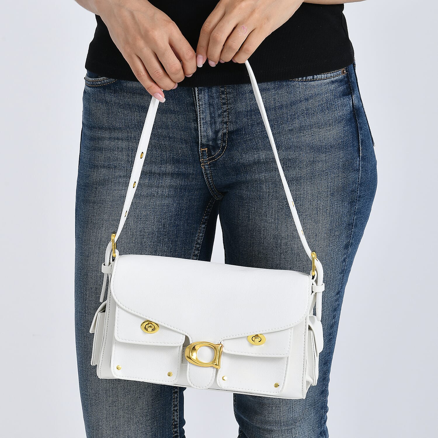 Designer Inspired Cargo Turnlock Soft Tabby Shoulder Bag - White