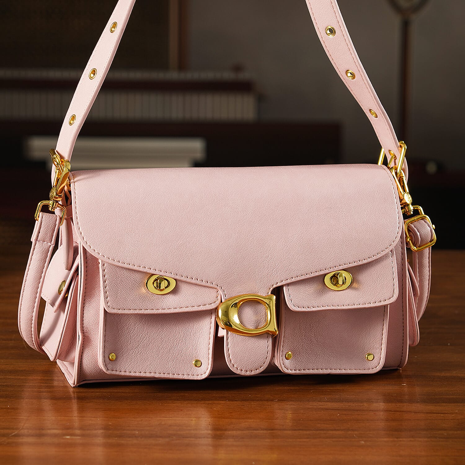 Designer Inspired Cargo Turnlock Soft Tabby Shoulder Bag - Pink