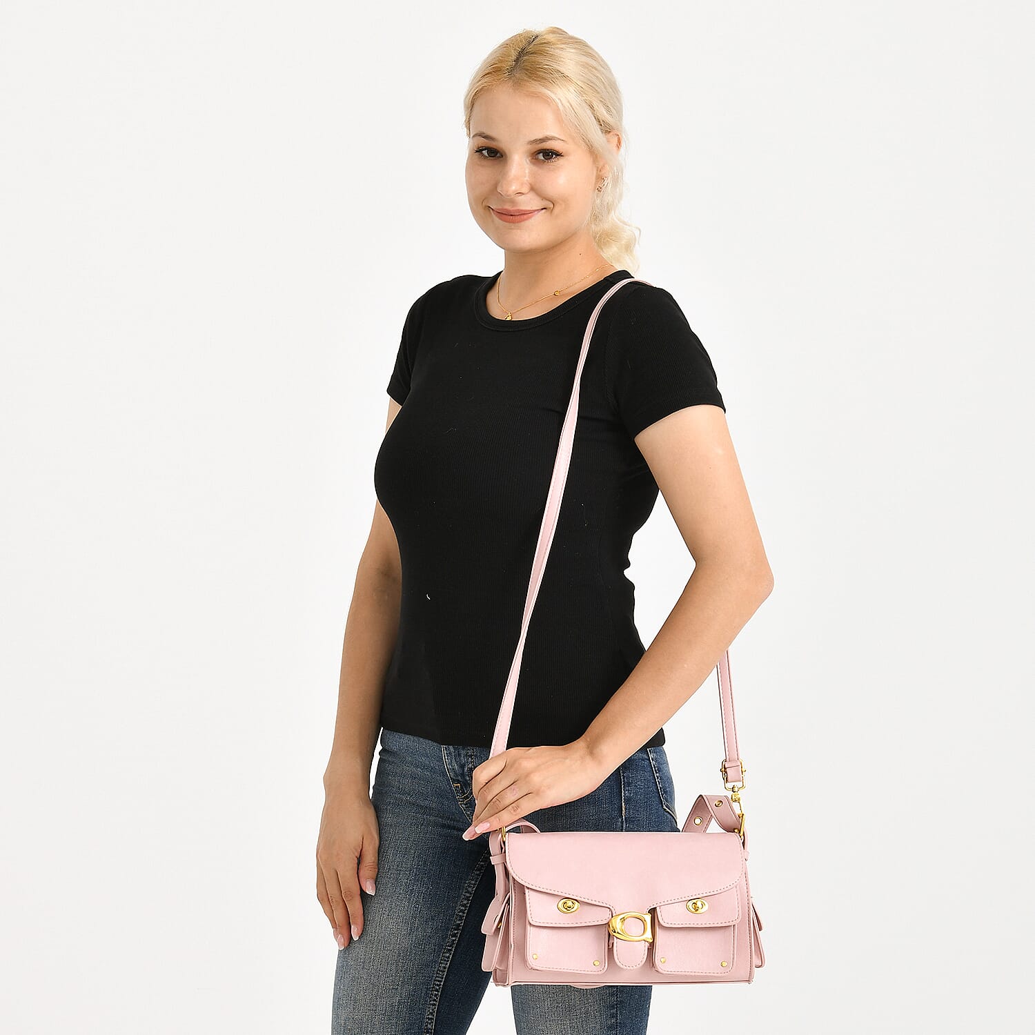 Designer Inspired Cargo Turnlock Soft Tabby Shoulder Bag - Pink