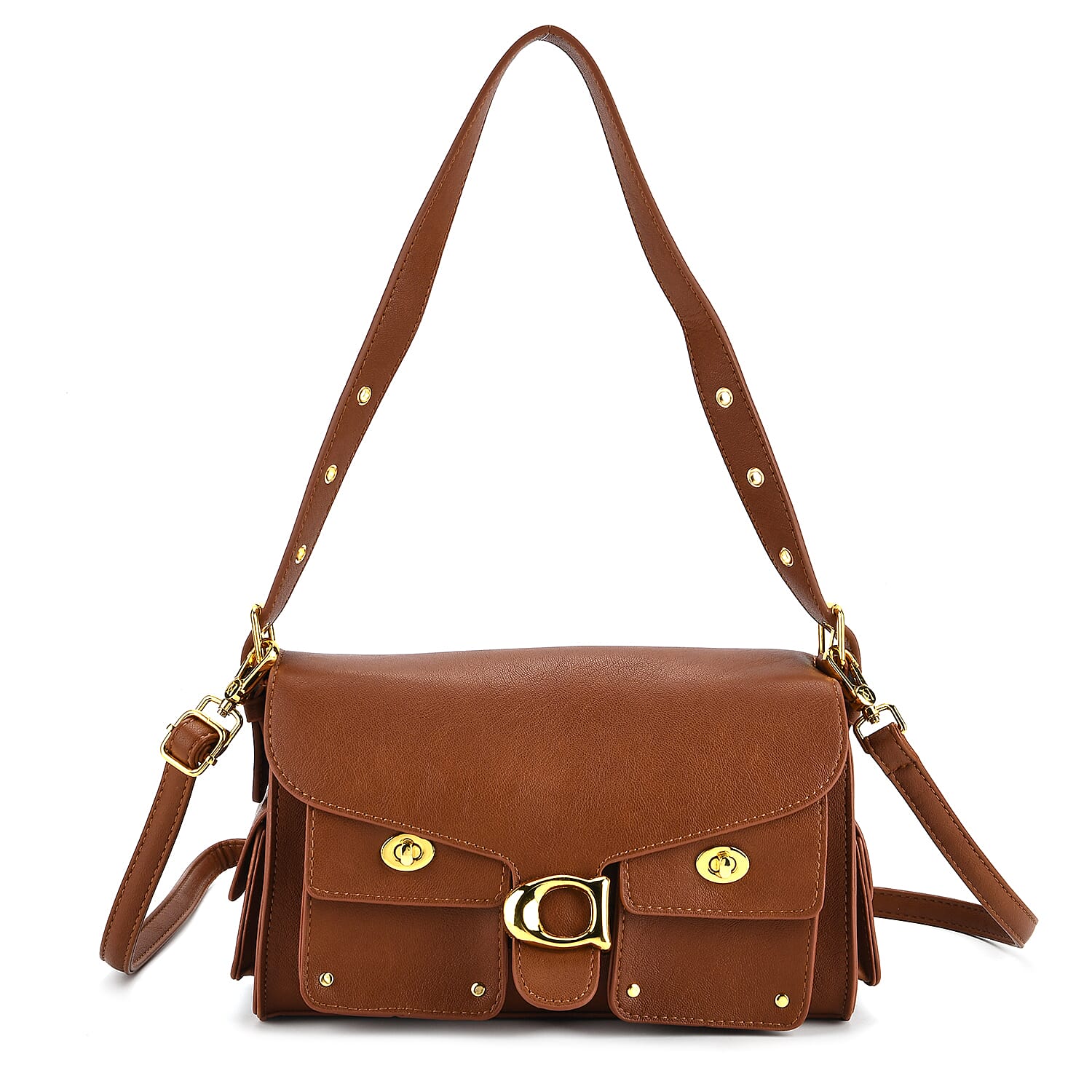 Designer Inspired Cargo Turnlock Soft Tabby Shoulder Bag - Tan