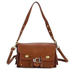 Designer Inspired Cargo Turnlock Soft Tabby Shoulder Bag - Tan