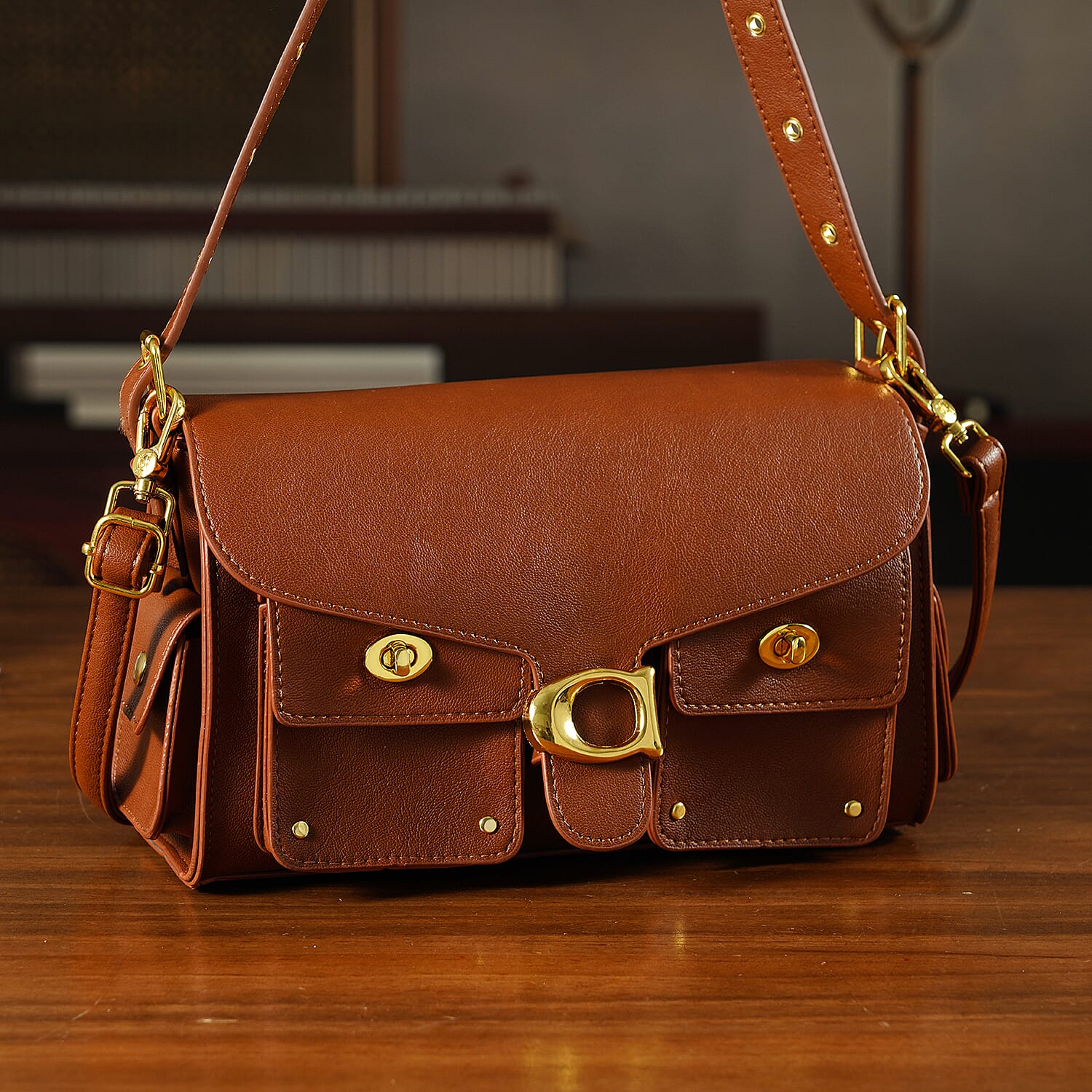 Designer Inspired Cargo Turnlock Soft Tabby Shoulder Bag - Tan