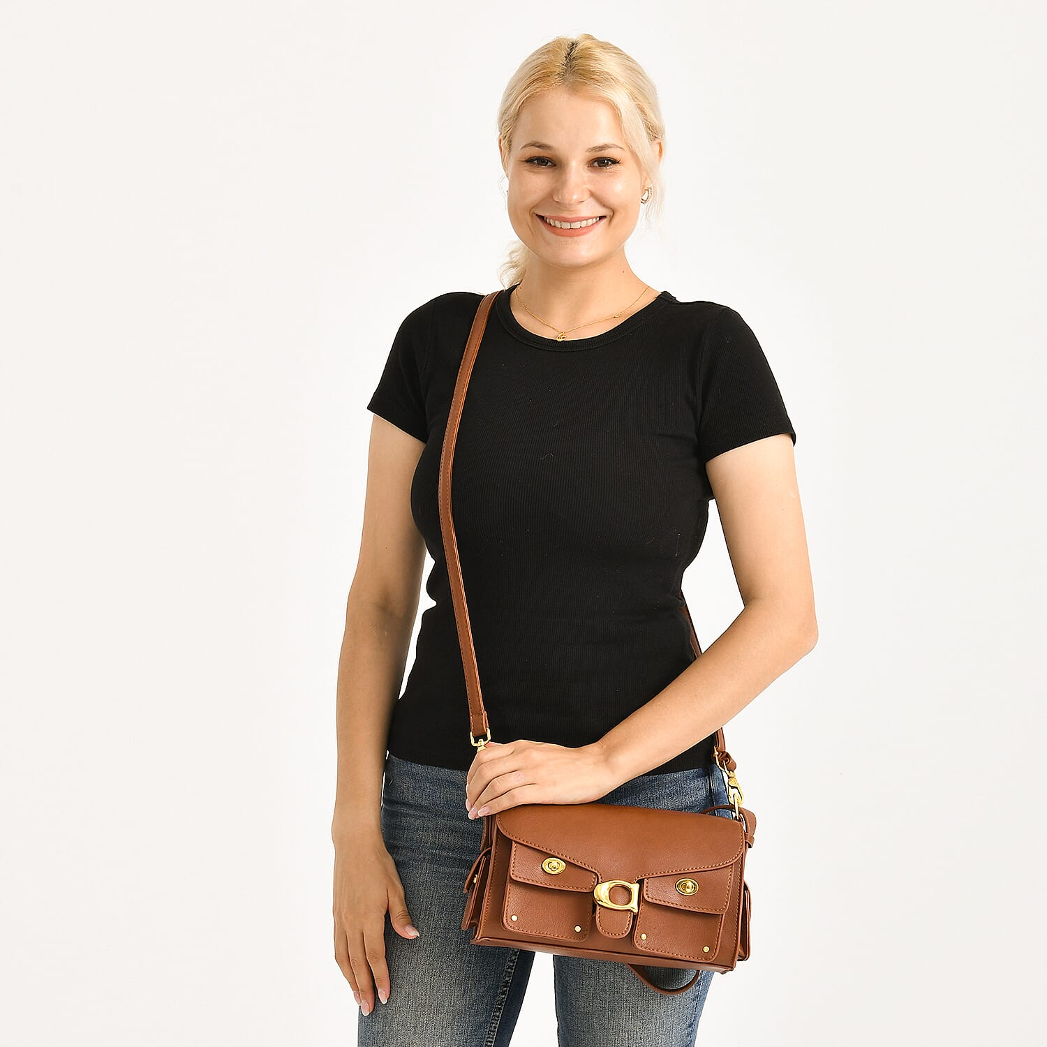 Designer Inspired Cargo Turnlock Soft Tabby Shoulder Bag - Tan