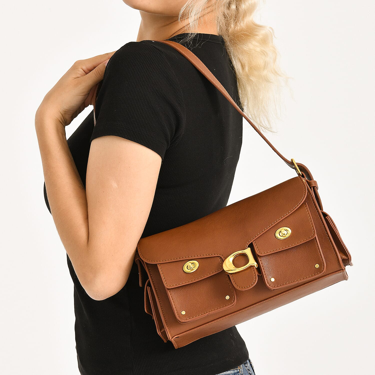 Designer Inspired Cargo Turnlock Soft Tabby Shoulder Bag - Tan