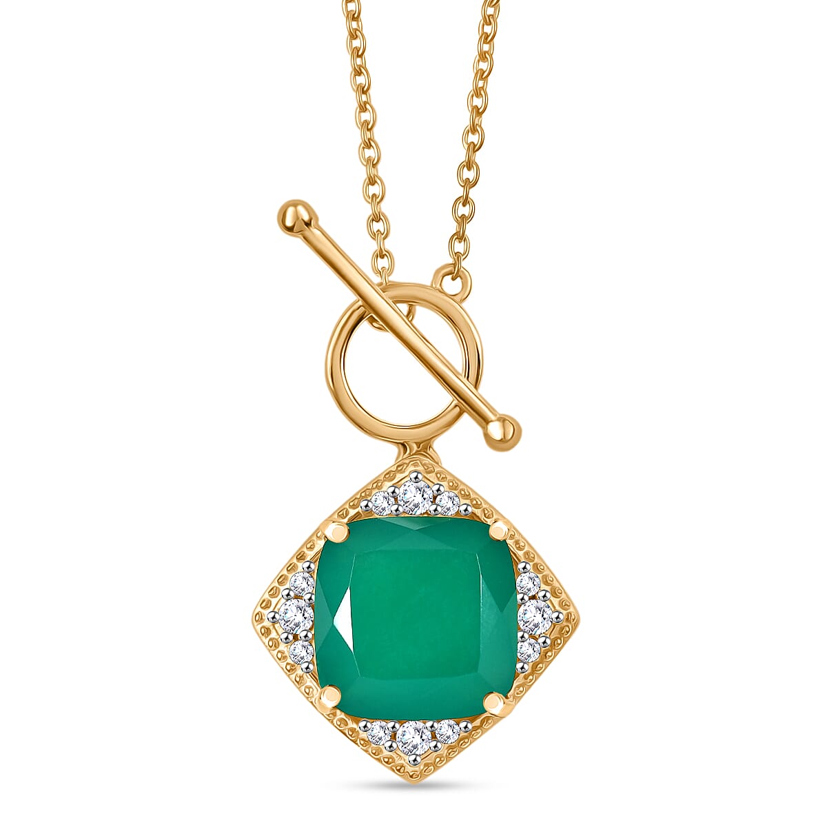 Verde Onyx & White Zircon Necklace (Size - 20) with Tongle Clasp in Yellow Gold Plating Sterling Silver 7.45 Ct, Silver Wt. 5.26 Gms.