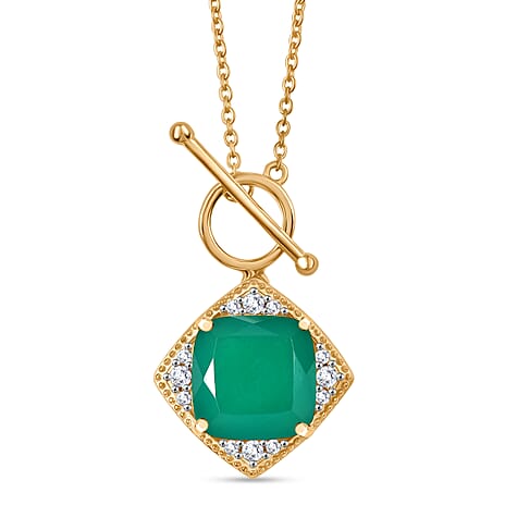 Verde Onyx & White Zircon Necklace (Size - 20) with Tongle Clasp in Yellow Gold Plating Sterling Silver 7.45 Ct, Silver Wt. 5.26 Gms.